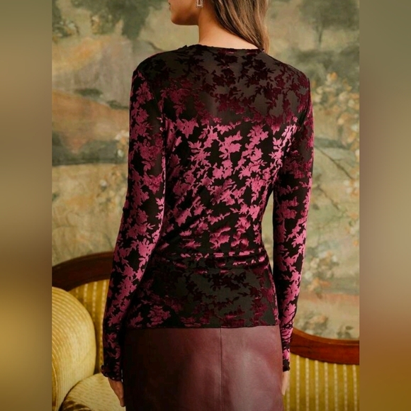New Sheer Floral Velvet Burn Out Fitted Top Blouse Burgundy Red Black - Picture 5 of 10
